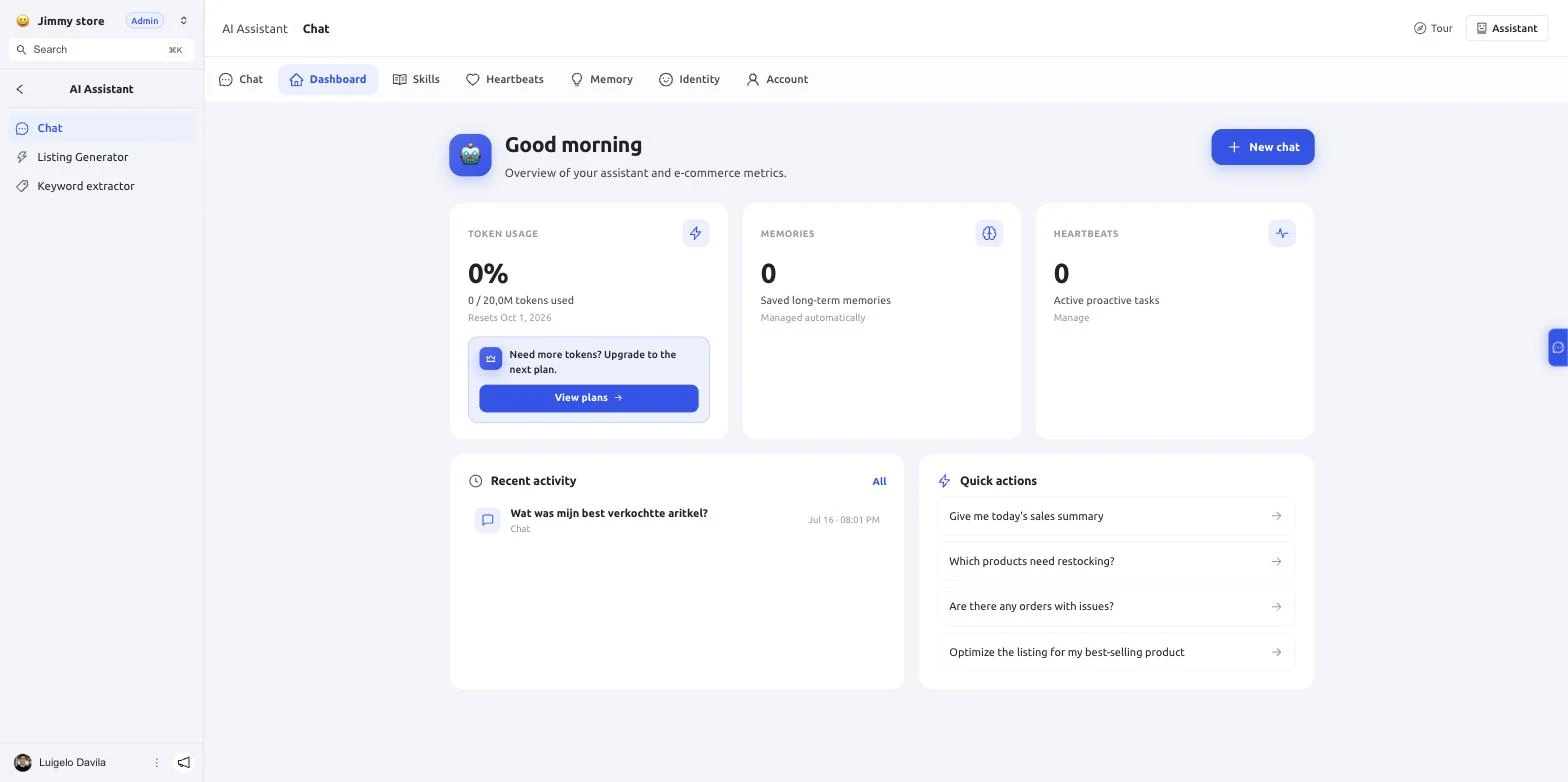 Dashboard van de AI Assistent met tokenverbruik, opgeslagen geheugen, heartbeats en recente activiteit.